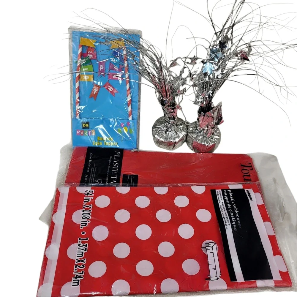 5pc Party Supply Lot Red Polka Dot Tablecovers Balloon Weights Cake Topper